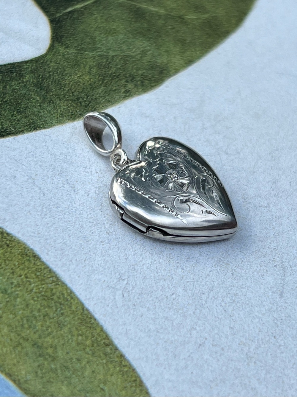 Sterling Silver Heart Locket Pendant with Floral Engraving - Picture 2 of 4